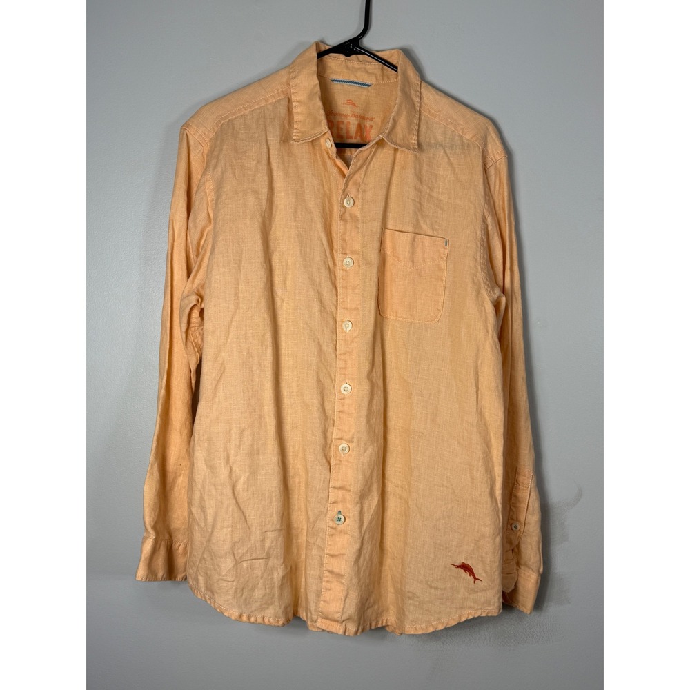 Tommy Bahama Relax Mens‎ Medium Orange 100% Linen Long Sleeve Button Up Shirt
